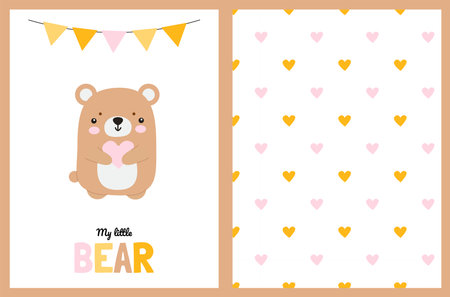 Set with a card featuring a cute bear for a newborn and a pattern with heartsのイラスト素材