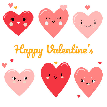 A set of cute hearts with different emotions for Valentine's Day or a weddingのイラスト素材