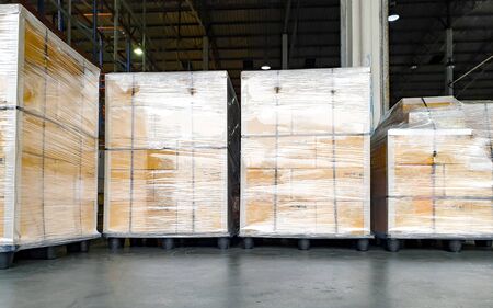 Large pallet goods in storage warehouse, business industry warehouse and transport
