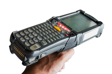 Workers Holding Bar Code Scanner on White Background. Shipment Goods. Computer Mobile Work Tools for...