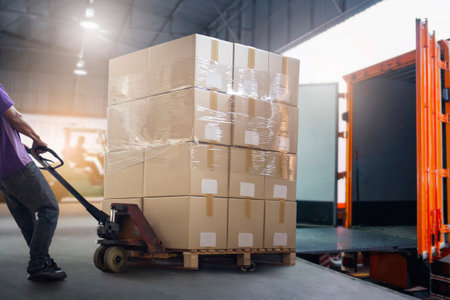 Warehouse Workers Unloading Cargo Boxes on Pallet into Container Trucks. Distribution Shipping...