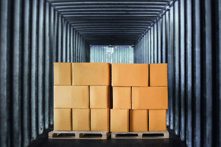Packaging Boxes Stacked on Pallets Loading inside Cargo Container. Cartons Cardboard Boxes. Shipment Goods.Shipping Freight Trucks. Distribution Supplies Warehouse. Truck Transportの写真素材