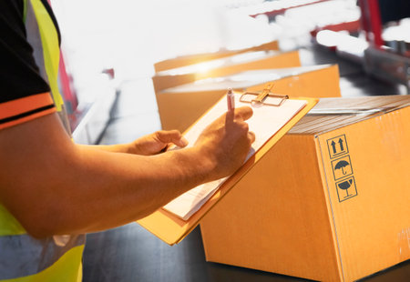 Workers Holding Clipboard is Checking Packaging Boxes on Conveyor Belt. Cartons, Cardboard Boxes. Warehouse Inventory Management. Supply Chain. Shipment Boxes Shipping Warehouseの写真素材