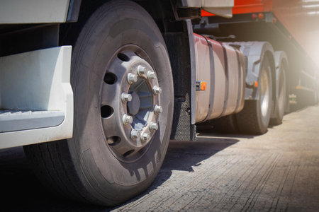 Semi Trailer Truck Wheels Tires. Truck Tyres, Rubber. Freight Truck Transport Logisticsの写真素材