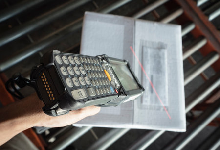 Workers Scanning Bar Code Scanner on Package Boxes. Shipping Warehouse. Computer Mobile Work Tools...