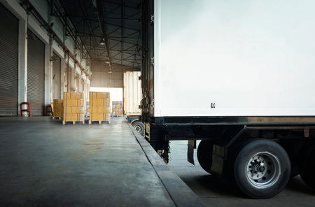 Contaner Trailer Trucks Parked Loading at Dock Warehouse. Shipping Cargo Container Delivery Trucks....