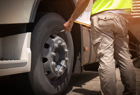 Truck Driver is Checking the Truck's Safety of Truck Wheels Tires. Auto Mechanic. Truck Inspection Safety Driving.の写真素材