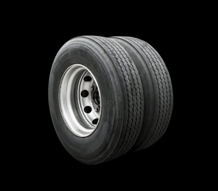 Big Semi Truck Wheels Tires Isolated on Black. Rubber, Truck Tyres. Freight Trucks Transport...