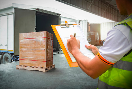 Worker Holds a Clipboard Checking the Loading Cargo Shipment at Distribution Warehouse. Forklift Loading Delivery to Customers. Package Boxes Supplies Warehouse. Logistics Truckの写真素材