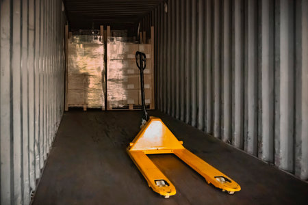 Hand Pallet Truck in Container Truck. Distribution Warehouse. Freight Truck Logistics Cargo Transportの写真素材