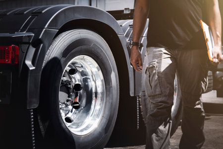 Semi Truck Wheels Tires. Truck Driver is Checking the Truck's Safety of Truck Wheels. Alloy Wheels. Truck Inspection Safety Driving. Work Shop Auto Serviceの写真素材
