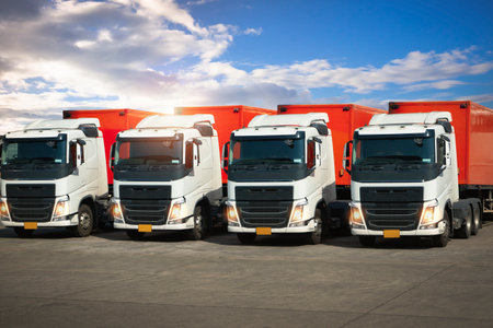 Semi Trailer Trucks on The Parking Lot. Tractor Truck. Trucking. Shipping Lorry Diesel Trucks. Freight Truck Logistics Transportの写真素材