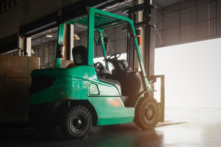 Forklift Tractor Parked in Warehouse. Forklift Loader. Shipping Warehouse Logistics.の写真素材
