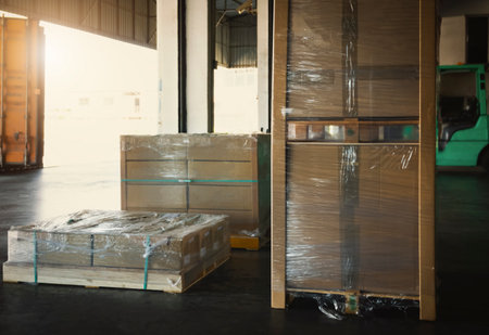 Package Boxes Wrapped Plastic on Pallets in Warehouse. Supply Chain. Storehouse Distribution...