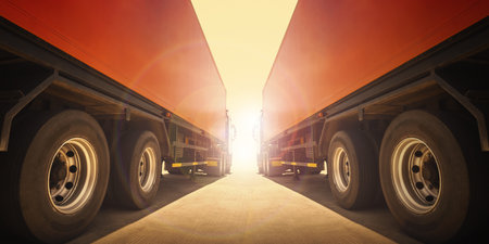 Semi Trailer Trucks on The Parking Lot with The Sunshine. Tractor Truck. Trucking. Shipping Lorry Diesel Trucks. Freight Truck Logistics Transportの写真素材