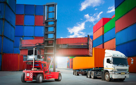 Container Crane Tractor Unloading Container Box with Trailer Truck. Handling of Logistics...