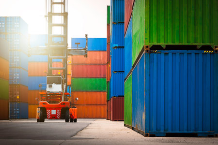 Row of Stacked Containers Cargo Shipping with Container Crane Tractor. Handling of Logistics...