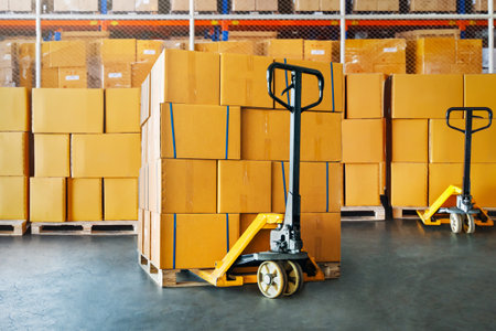 Package Boxes Stacked on Pallets with Hand Pallet Truck. Cartons, Cardboard Boxes. Storehouse, Distribution, Supply Chain. Supplies Warehouse Shipping.の写真素材