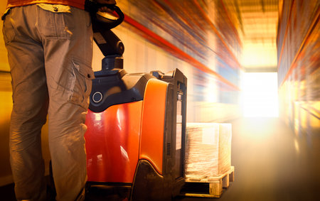 Workers Driving Forklift Pallet Jack Unloading Package Boxes. Speed Motion Forklift. Stockpile, Supply Chain Warehouse Supplies, Shipment Goods. Distribution Warehouse Shippingの写真素材