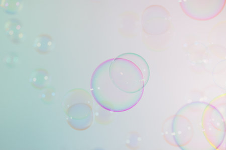 Beautiful Transparent Colorful Soap Bubbles Floating in The Air. Soap Sud Bubbles Water. Abstract...
