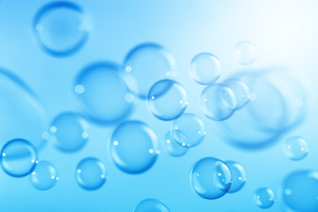 Beautiful Transparent Dark Blue Soap Bubbles. Abstract Background, Celebration Festive Backdrop, Refreshing of Soap Suds Bubbles Water.の写真素材