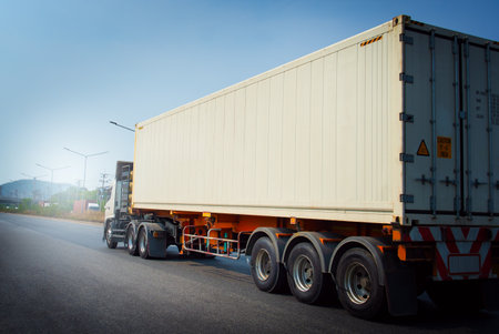 Semi Trailer Trucks Driving on The Road. Cargo Container Shipping, Commercial Truck, Express Delivery Transit, Freight Trucks Logistic, Cargo Transport.の写真素材