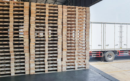Wooden Pallets Stacked at Warehouse.