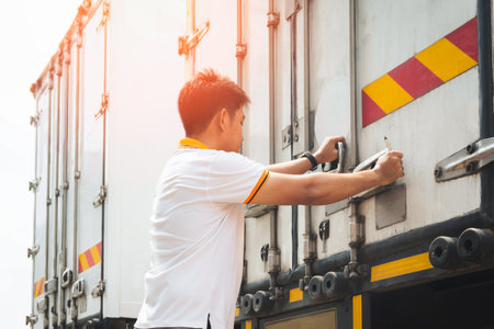 Truck driver is closing the container door. Steel door security lock of a truck, freight industry logistics, transportの写真素材