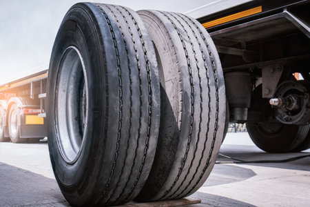 Truck Spare Wheels Tires Waiting for to Change. Tractor Truck Wheels. Freight Trucks Transport....