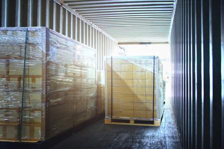 Pallets of goods loaded into containers. Delivery of parcel boxes to customers. Container truck transport. supplies shipment. warehouse shipping. freight truck logistics Transport.の写真素材