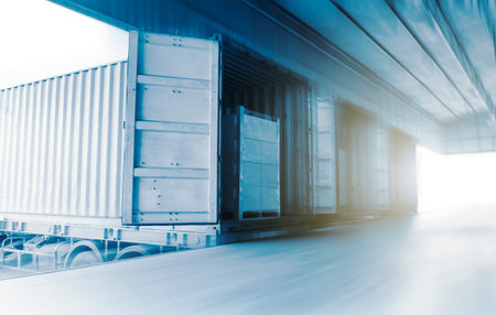 Container Trucks Loading Dock Warehouse. Container Shipping. Distribution Warehouse Shipping. Shipment. Freight Truck Logistics, Cargo Transport.の写真素材