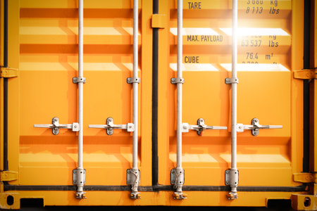 Container door locked with protective lead seal. Security of cargo shipment. truck transportation, logistics freight truck.の写真素材