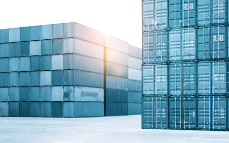 Row of Stacked Containers Cargo Shipping. Handling of Logistic Transportation Industry. Freight Trucks Import-Export. Distribution Warehouse. Shipping Logistics Transport.の写真素材