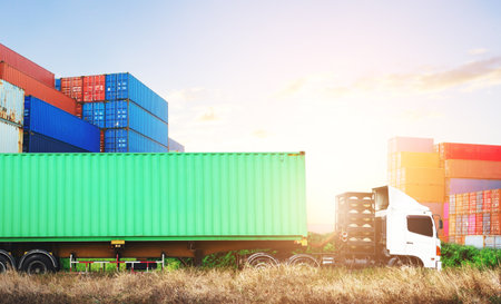 Semi trailer Trucks Driving on The Road. Containers Cargo Shipping. Handling of Logistics...