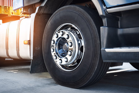 Front Truck Wheels Tires. Chrome Wheels. Big rig. Tractor Truck, Lorry Diesel Truck. Freight Truck Logistics Transportation.の写真素材