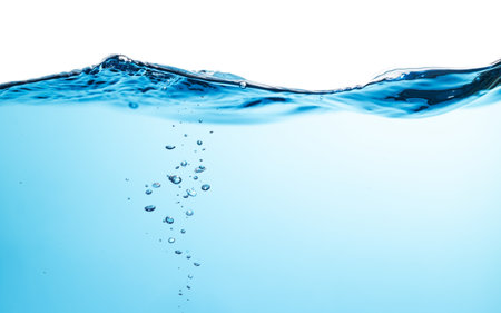 Air Bubbles Float Up Under Water. Water Wave. Water Splashing. Oxygen Relaxation. Blue Water Textured on White Background.の写真素材