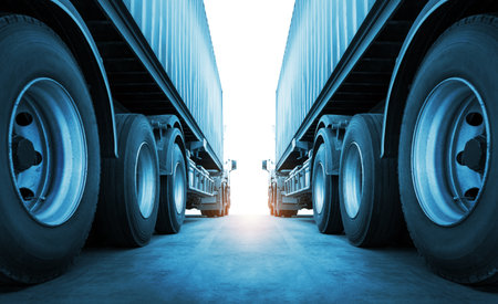 Semi Trailer Trucks on The Parking Lot. Big rig, Tractor Truck. Economy Business Transport on Road....