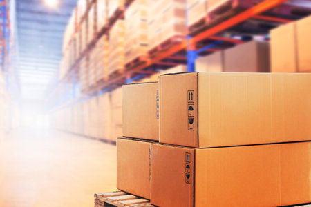 Package Boxes Stack on Pallets in Warehouse. Carton, Cardboard Boxes. Storage Warehouse. Supplies...