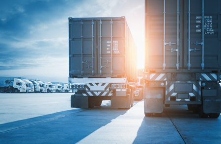 Semi Trailer Trucks on The Parking Lot. Big rig. Shipping Cargo Container. Economy Business Transport on Road. Shipping Import- Export. Trucking. Lorry, Truck. Freight Logisticsの写真素材
