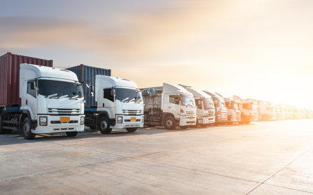Row of Many Semi Trailer Trucks Parked on The Parking Lot. Big Rig, Tractor Truck. Shipping Cargo Container. Economy Business Transport on Road. Trucking. Freight Logistics Truckの写真素材