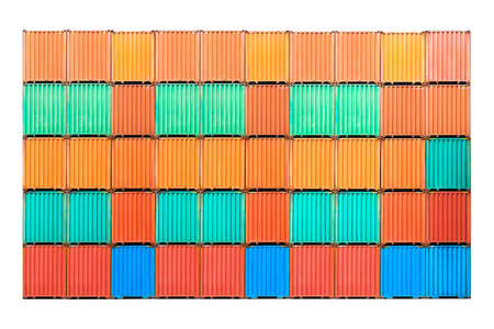 Wall of Stacked Colorful Shipping Containers on White Background. Handling of Logistic Transportation Industry. Cargo Container ships, Import-Export. Warehouse Port. Logisticsの写真素材