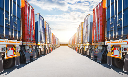 Row of Container Trucks Parked on The Parking Lot. Big Rig. Shipping Cargo Container. Economy Business Transport on Road. Shipping Import- Export. Trucking. Freight Logistics Truckの写真素材