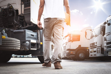 Truck Drivers Holding Clipboard to Check Truck Engine. Semi Truck Tractor, Big rig. Maintenance Safety Checklist, Inspection Safety Truck Driving. Freight Logistics Transportation.の写真素材