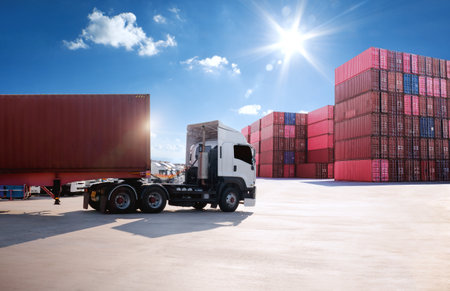 Semi Trailer Trucks on The Parking Lot at The Port. Big Rig, Tractor Truck. Shipping Cargo...