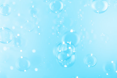 Beautiful Shiny Blue Soap Bubbles Floating in The Air. Freshness Soap Suds Bubbles Water....