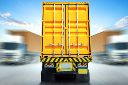 Motion of Semi Trailer Trucks Driving on The Road. Shipping Cargo Container. Economy Business Transport on Road. Shipping Import- Export. Trucking Freight Logistics Truck Transportの写真素材