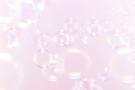 Beautiful Transparent Pink Soap Bubbles Floating in The Air. Celebration Festive Backdrop. Freshness...