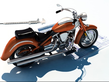 The model of motorcycle and drawings on a white background.の写真素材