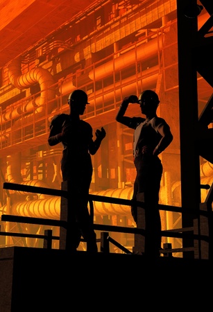 Silhouettes of workers against the factory     の写真素材