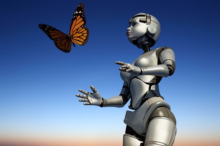 Robot and butterflie against the skyの写真素材